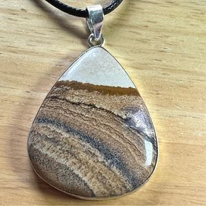 New Landscape Jasper Stone Silver Overlay Pendant Necklace w Cord